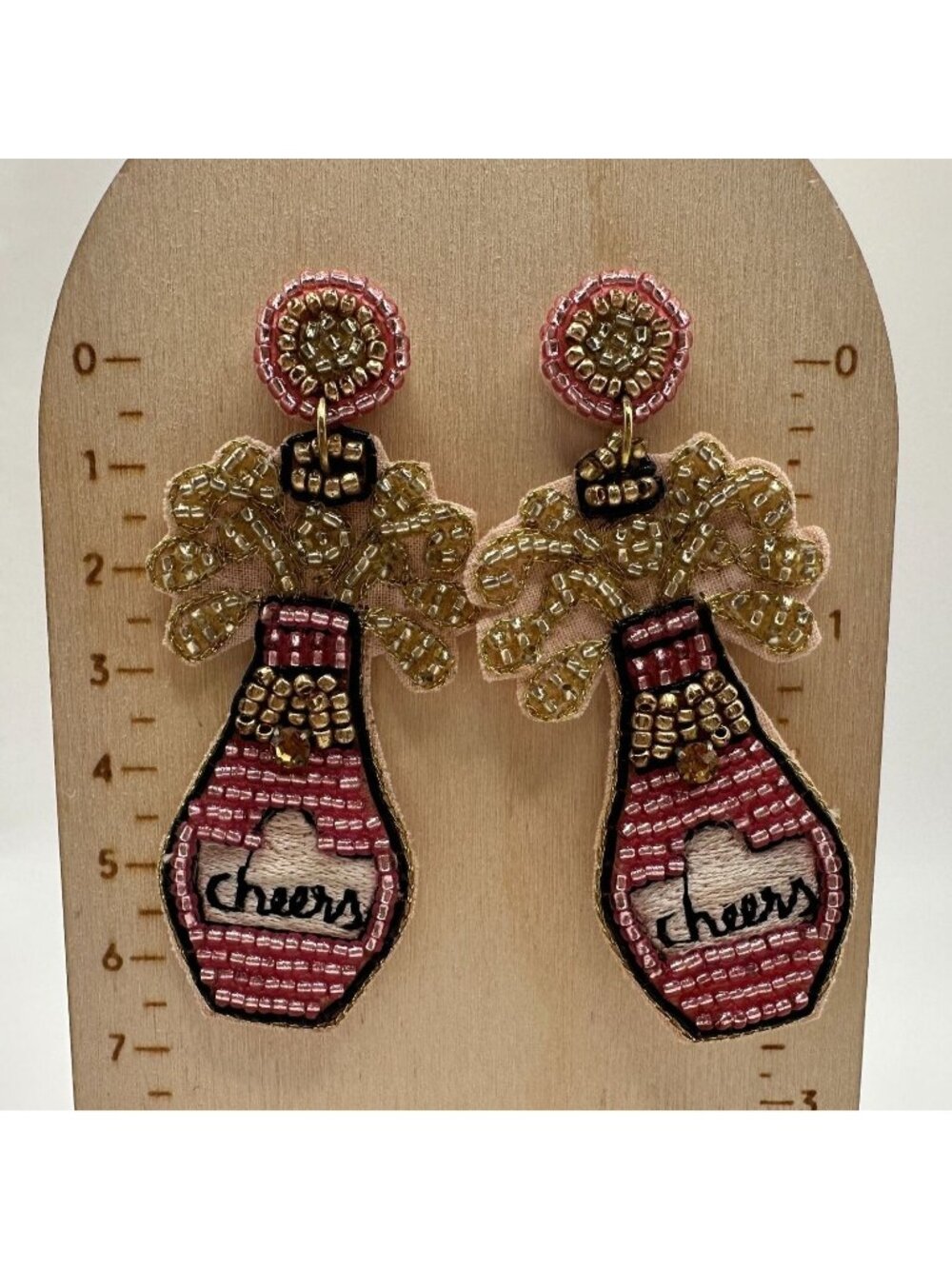 Champagne Pink Gold Seed Bead CHEERS Handmade Dangle Boutique Earrings Beaded